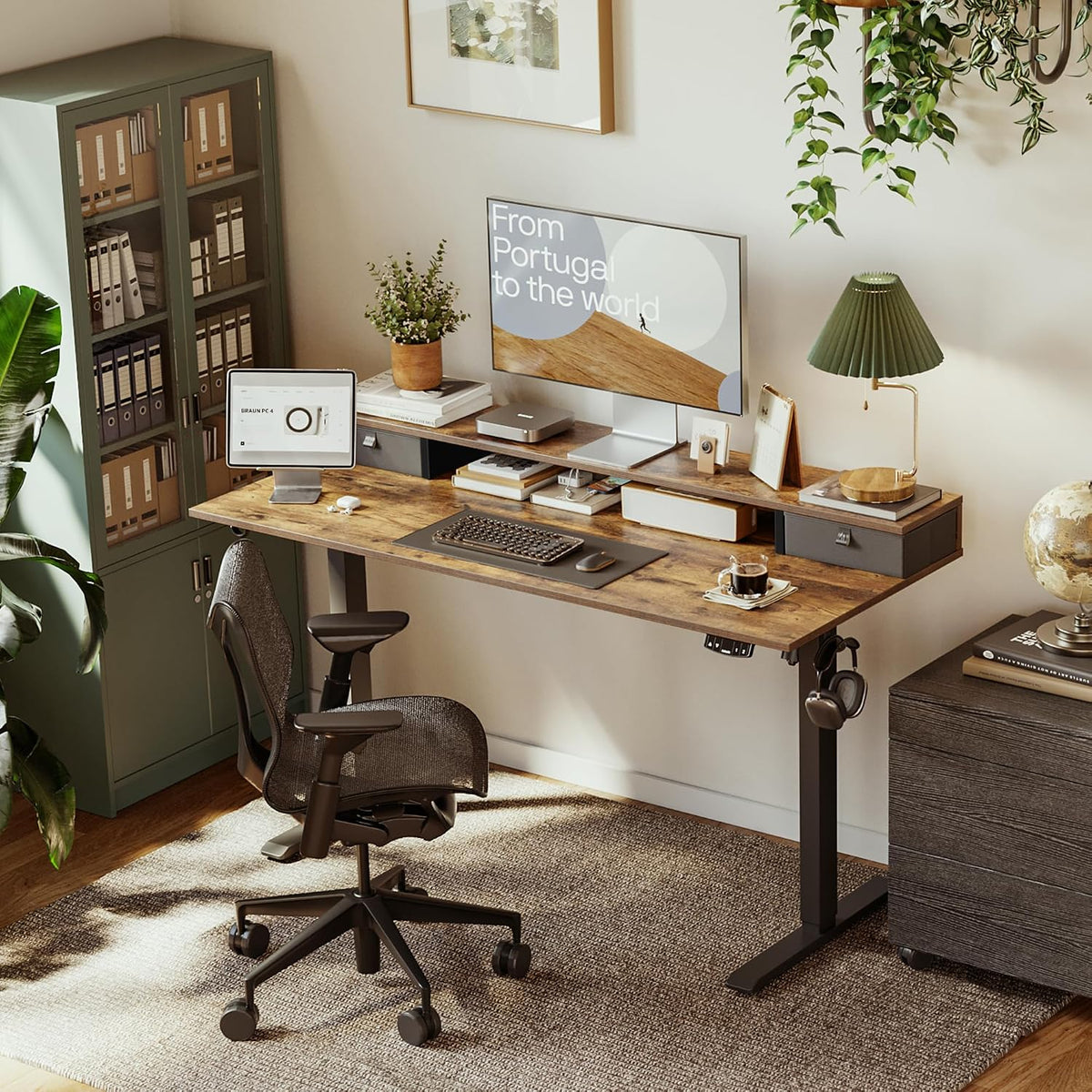 48 * 24 Inch Electric Standing Desk with Shelf & Led, Dark Walnut