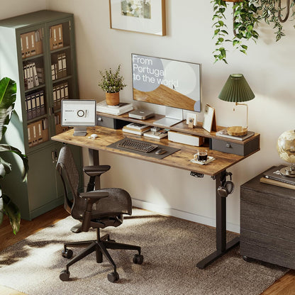 48 * 24 Inch Electric Standing Desk with Shelf & Led, Dark Walnut