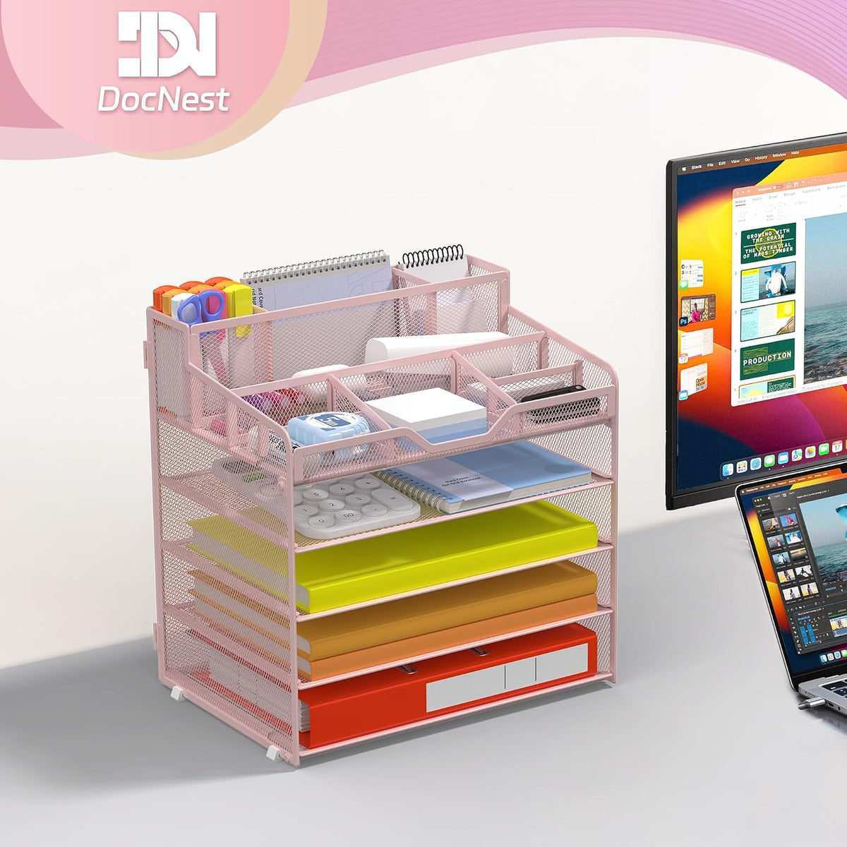 Docnest 5 Tier Mesh Desk Organizer for Paper Office Supplies – Multi-Functional Letter Tray with 5 Adjustable Compartments, 3 Pen Holders, Desktop Storage for Files, Mail, Stationery – Black