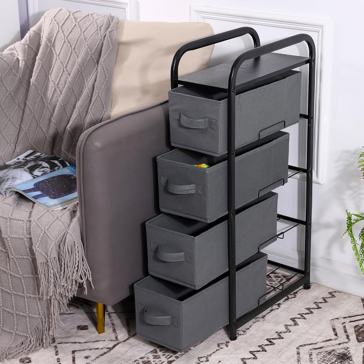 Dresser Storage with 3 Drawers, Fabric Dresser Tower, Vertical Storage Unit for Bedroom, Closet, Office, Black