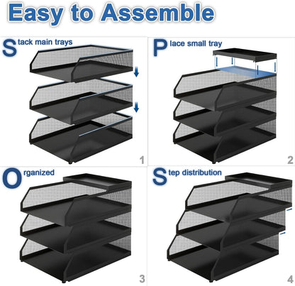 Natwind 4-Tier Paper Organizers,Desk Organizer,Stackable Paper Tray, Desk Accessories,Metal Mesh Desktop Organizer,Letter Trays,File Document Storage Rack for for Home, Office, School (Black)