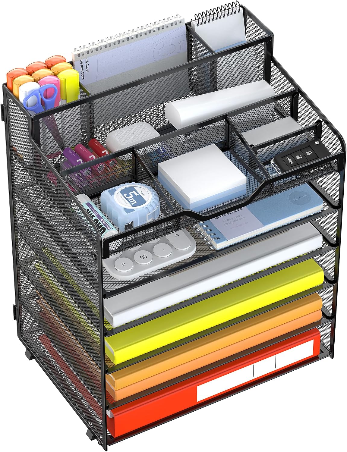 Docnest 5 Tier Mesh Desk Organizer for Paper Office Supplies – Multi-Functional Letter Tray with 5 Adjustable Compartments, 3 Pen Holders, Desktop Storage for Files, Mail, Stationery – Black