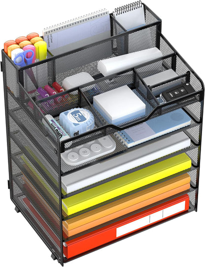 Docnest 5 Tier Mesh Desk Organizer for Paper Office Supplies – Multi-Functional Letter Tray with 5 Adjustable Compartments, 3 Pen Holders, Desktop Storage for Files, Mail, Stationery – Black