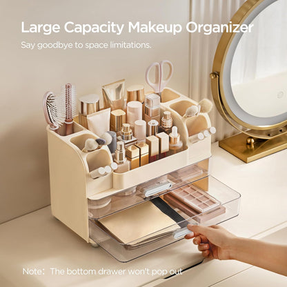 HBlife Makeup Organizer for Vanity with Brush Holder, Large Bathroom Countertop Cosmetic Organizer Skin Care Storage, Easy to Store Lipsticks, Nail Polishes, Perfumes, Eyeshadow Palettes, All White