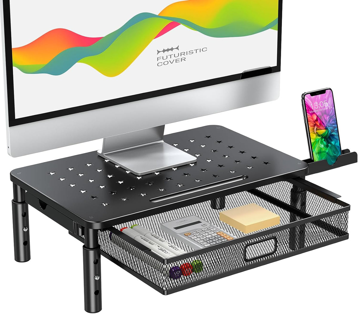 Monitor Stand Riser with Metal Mesh Drawer, Height Adjustable