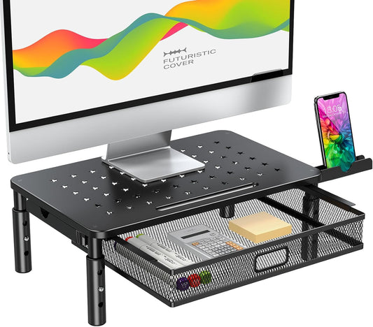 Monitor Stand Riser with Metal Mesh Drawer, Height Adjustable