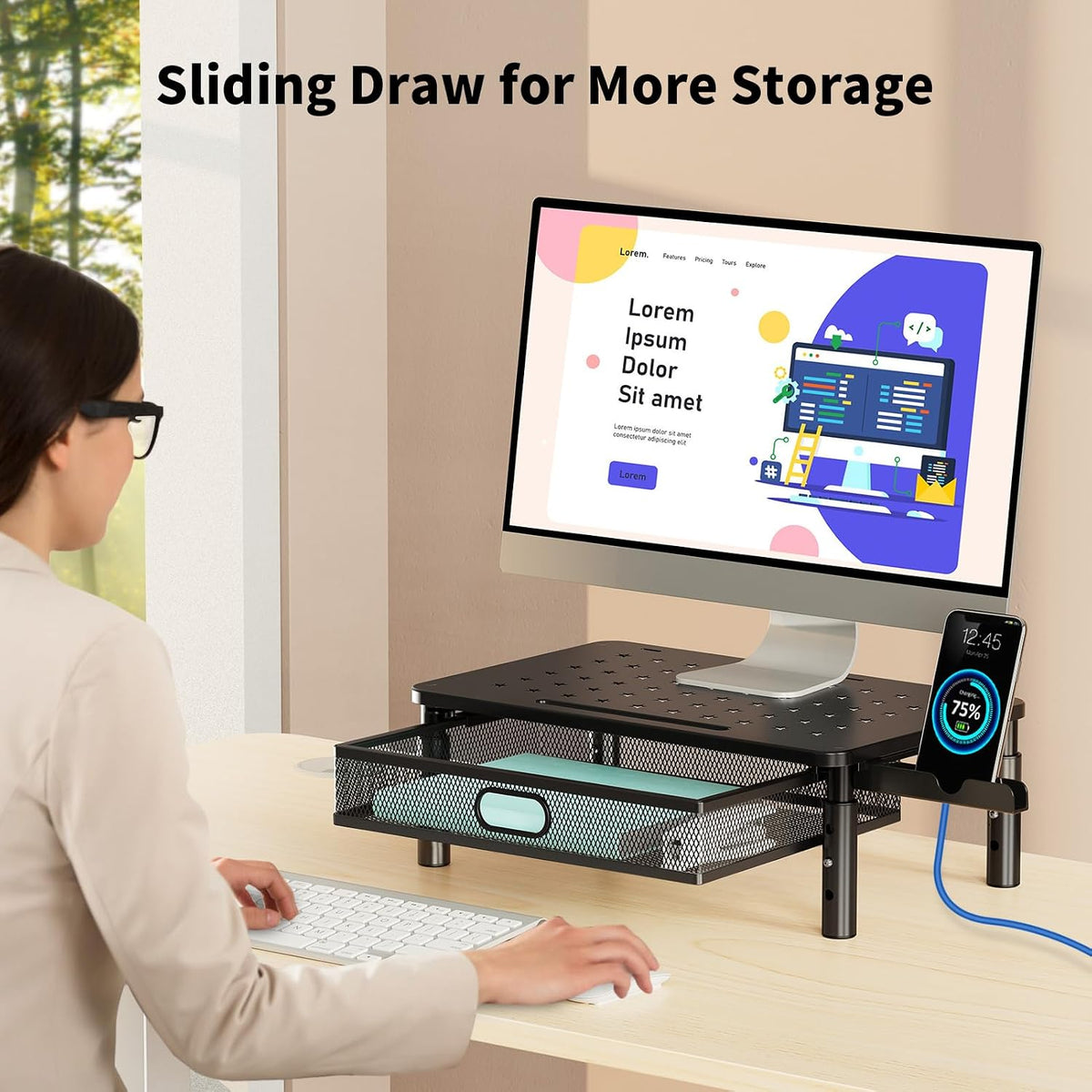 Monitor Stand Riser with Metal Mesh Drawer, Height Adjustable