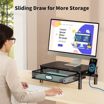 Monitor Stand Riser with Metal Mesh Drawer, Height Adjustable