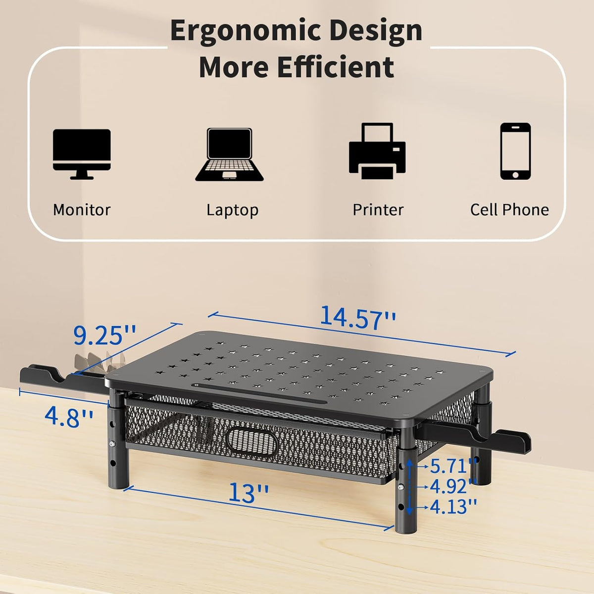 Monitor Stand Riser with Metal Mesh Drawer, Height Adjustable