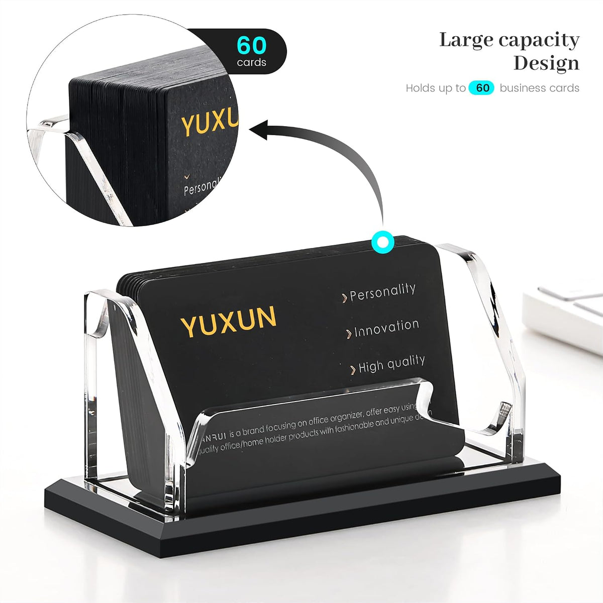 YUXUN Black Business Card Holder for Desk-1 Slot, Acrylic Business Card Holder for Women Men,50+ Business Cards Display Stand for Exhibition, Home, Office