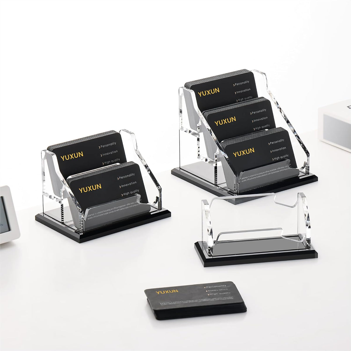 YUXUN Black Business Card Holder for Desk-1 Slot, Acrylic Business Card Holder for Women Men,50+ Business Cards Display Stand for Exhibition, Home, Office