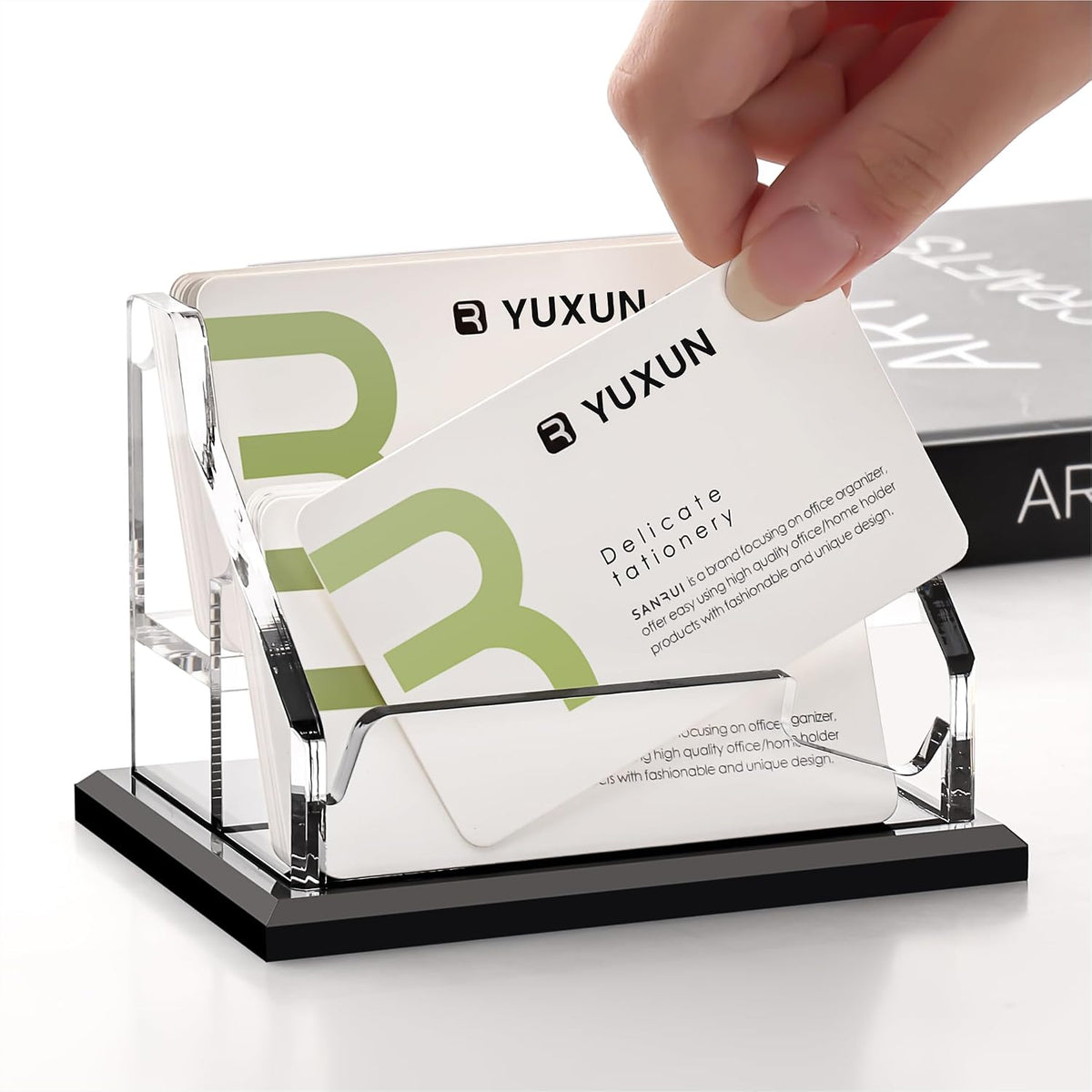 YUXUN Black Business Card Holder for Desk-1 Slot, Acrylic Business Card Holder for Women Men,50+ Business Cards Display Stand for Exhibition, Home, Office