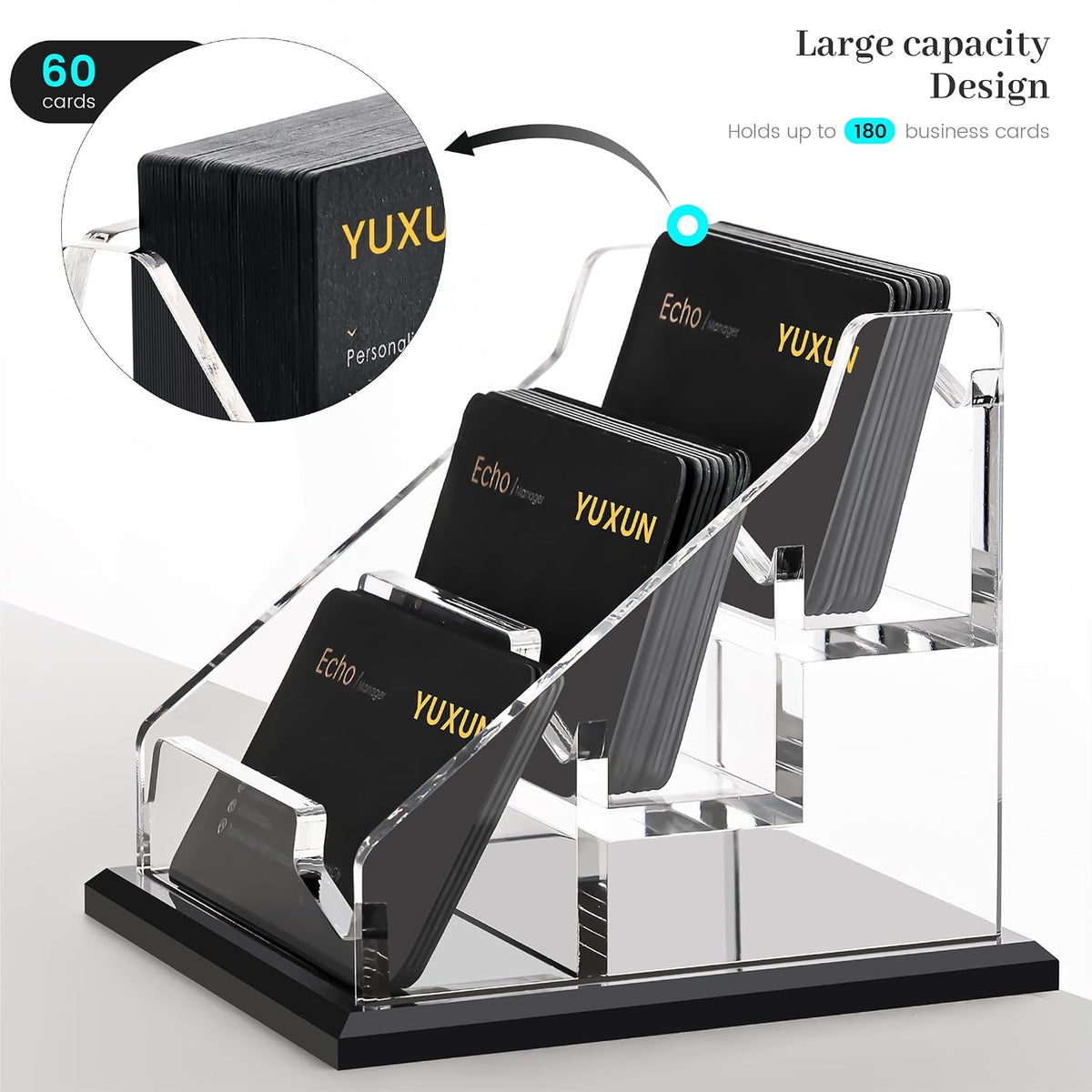 YUXUN Black Business Card Holder for Desk-1 Slot, Acrylic Business Card Holder for Women Men,50+ Business Cards Display Stand for Exhibition, Home, Office