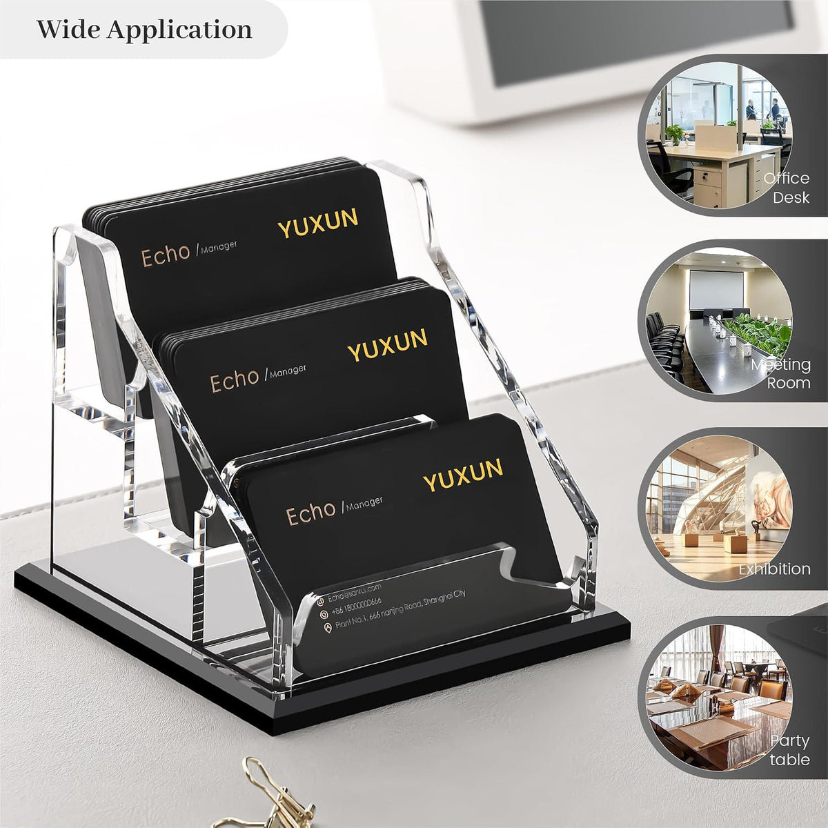 YUXUN Black Business Card Holder for Desk-1 Slot, Acrylic Business Card Holder for Women Men,50+ Business Cards Display Stand for Exhibition, Home, Office