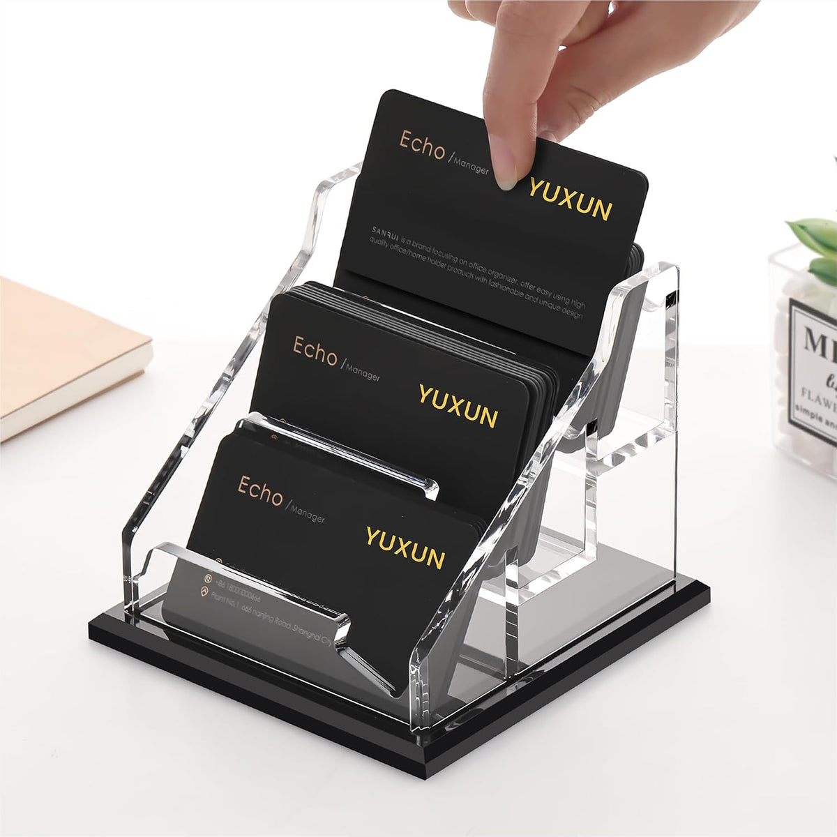 YUXUN Black Business Card Holder for Desk-1 Slot, Acrylic Business Card Holder for Women Men,50+ Business Cards Display Stand for Exhibition, Home, Office