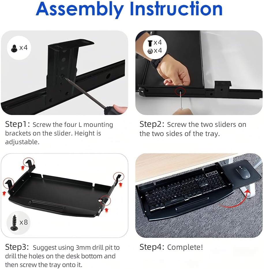 Under Desk Mounted Keyboard Tray Steel Slide with Rotational Mouse Platform for Office