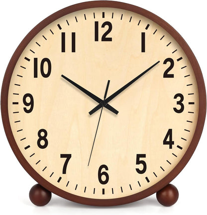 Wooden Table Clock,8in Silent Non-Ticking Desk Clock,Battery Operated Desktop Analog Clock for Living Room Bedroom Kitchen Office Classroom Decor (Walnut)