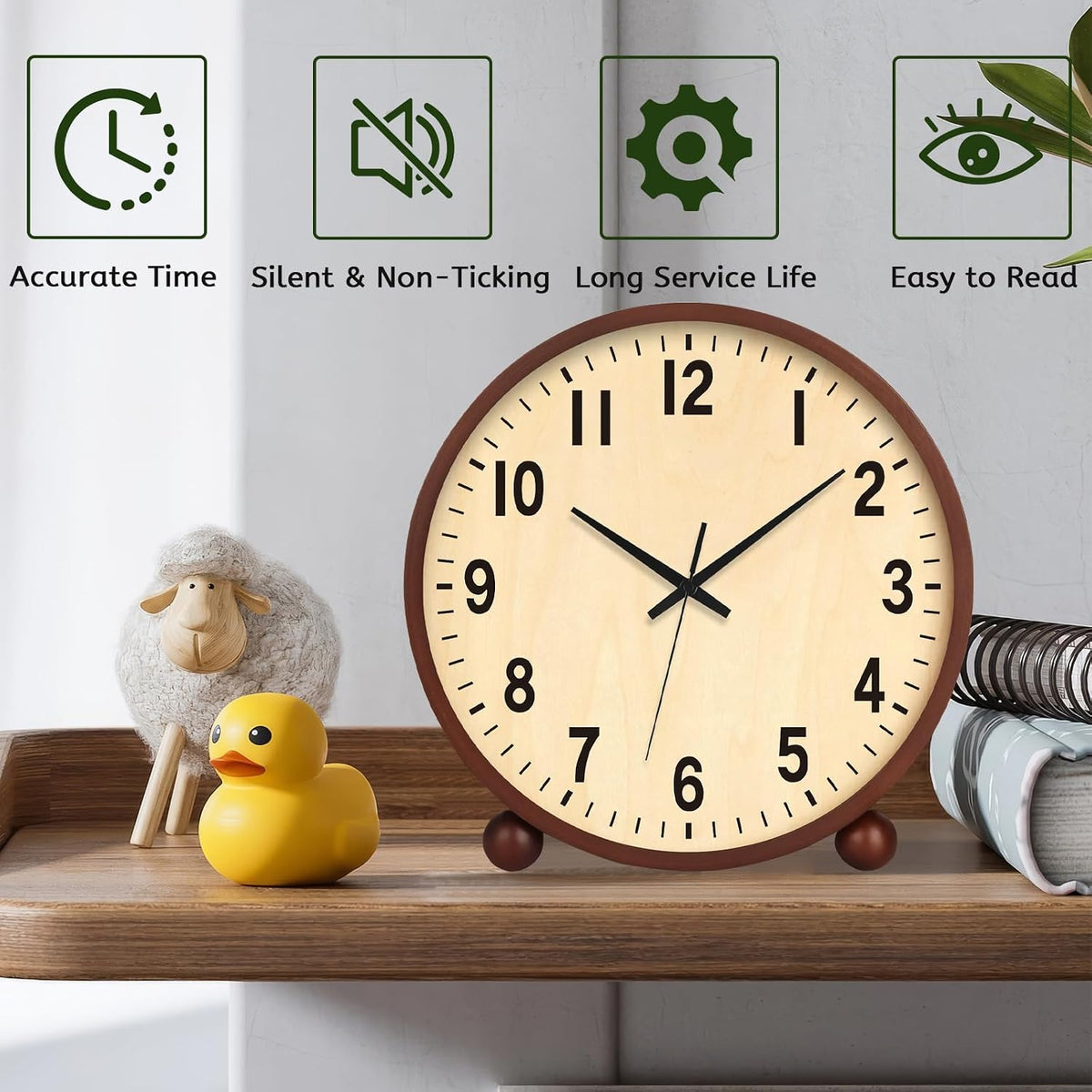 Wooden Table Clock,8in Silent Non-Ticking Desk Clock,Battery Operated Desktop Analog Clock for Living Room Bedroom Kitchen Office Classroom Decor (Walnut)