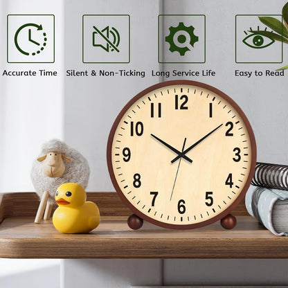 Wooden Table Clock,8in Silent Non-Ticking Desk Clock,Battery Operated Desktop Analog Clock for Living Room Bedroom Kitchen Office Classroom Decor (Walnut)