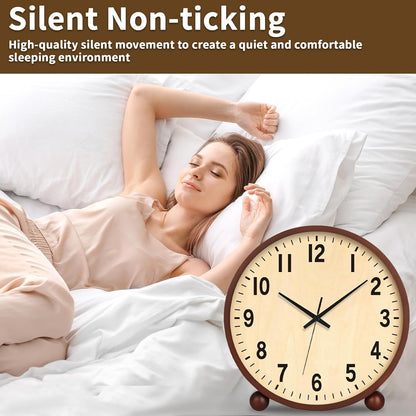 Wooden Table Clock,8in Silent Non-Ticking Desk Clock,Battery Operated Desktop Analog Clock for Living Room Bedroom Kitchen Office Classroom Decor (Walnut)