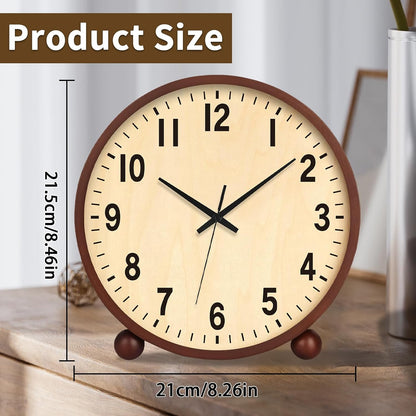Wooden Table Clock,8in Silent Non-Ticking Desk Clock,Battery Operated Desktop Analog Clock for Living Room Bedroom Kitchen Office Classroom Decor (Walnut)