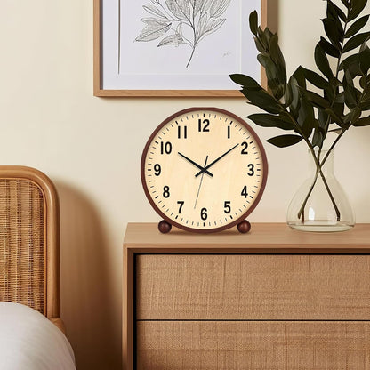 Wooden Table Clock,8in Silent Non-Ticking Desk Clock,Battery Operated Desktop Analog Clock for Living Room Bedroom Kitchen Office Classroom Decor (Walnut)