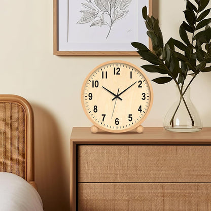 Wooden Table Clock,8in Silent Non-Ticking Desk Clock,Battery Operated Desktop Analog Clock for Living Room Bedroom Kitchen Office Classroom Decor (Walnut)