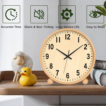 Wooden Table Clock,8in Silent Non-Ticking Desk Clock,Battery Operated Desktop Analog Clock for Living Room Bedroom Kitchen Office Classroom Decor (Walnut)