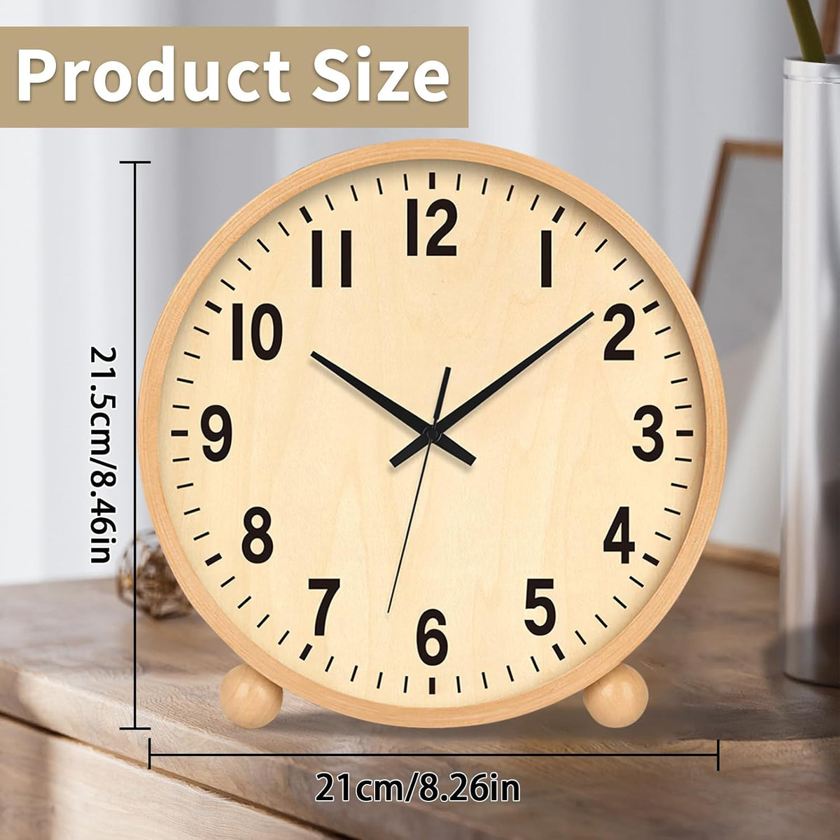 Wooden Table Clock,8in Silent Non-Ticking Desk Clock,Battery Operated Desktop Analog Clock for Living Room Bedroom Kitchen Office Classroom Decor (Walnut)