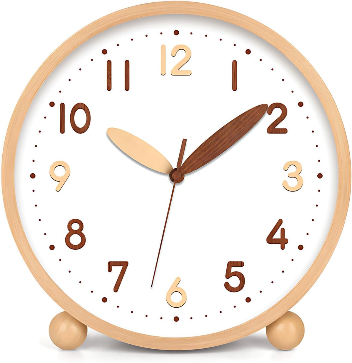 Wooden Table Clock,8in Silent Non-Ticking Desk Clock,Battery Operated Desktop Analog Clock for Living Room Bedroom Kitchen Office Classroom Decor (Walnut)