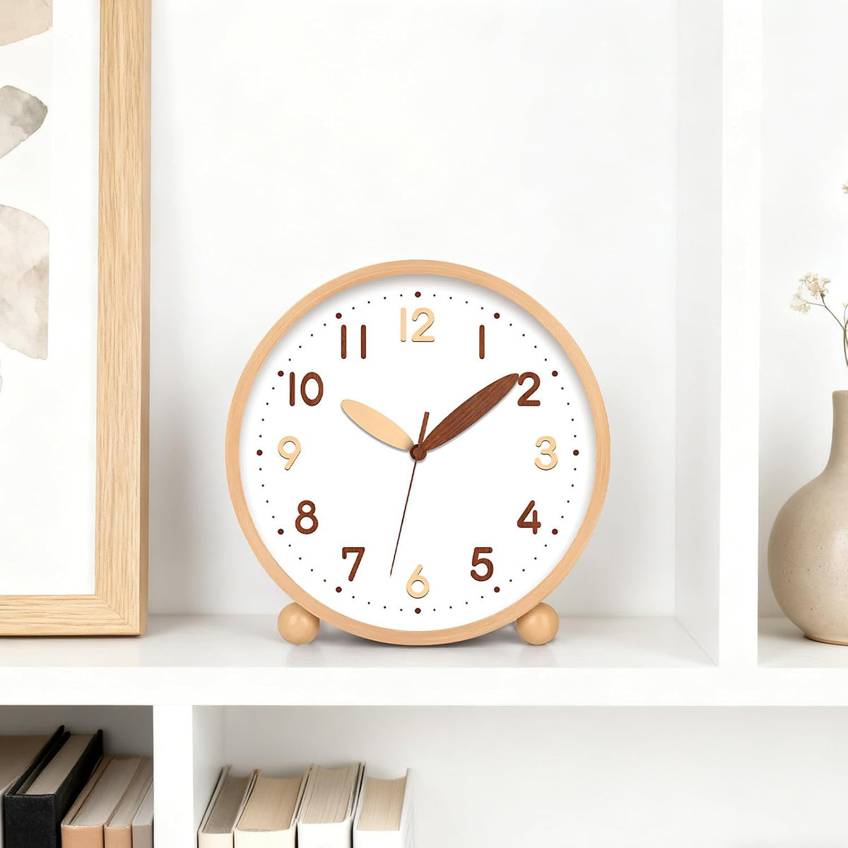 Wooden Table Clock,8in Silent Non-Ticking Desk Clock,Battery Operated Desktop Analog Clock for Living Room Bedroom Kitchen Office Classroom Decor (Walnut)