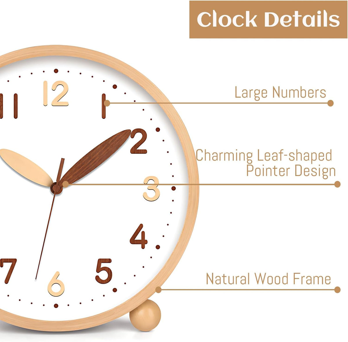 Wooden Table Clock,8in Silent Non-Ticking Desk Clock,Battery Operated Desktop Analog Clock for Living Room Bedroom Kitchen Office Classroom Decor (Walnut)