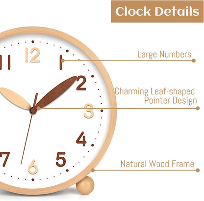 Wooden Table Clock,8in Silent Non-Ticking Desk Clock,Battery Operated Desktop Analog Clock for Living Room Bedroom Kitchen Office Classroom Decor (Walnut)