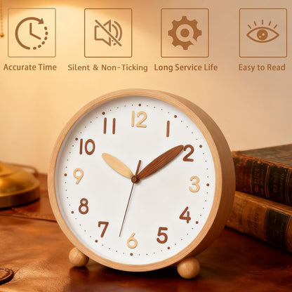 Wooden Table Clock,8in Silent Non-Ticking Desk Clock,Battery Operated Desktop Analog Clock for Living Room Bedroom Kitchen Office Classroom Decor (Walnut)