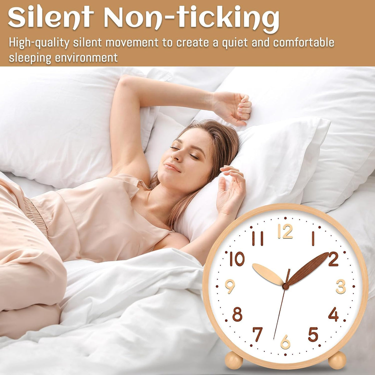 Wooden Table Clock,8in Silent Non-Ticking Desk Clock,Battery Operated Desktop Analog Clock for Living Room Bedroom Kitchen Office Classroom Decor (Walnut)