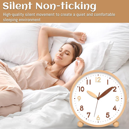 Wooden Table Clock,8in Silent Non-Ticking Desk Clock,Battery Operated Desktop Analog Clock for Living Room Bedroom Kitchen Office Classroom Decor (Walnut)
