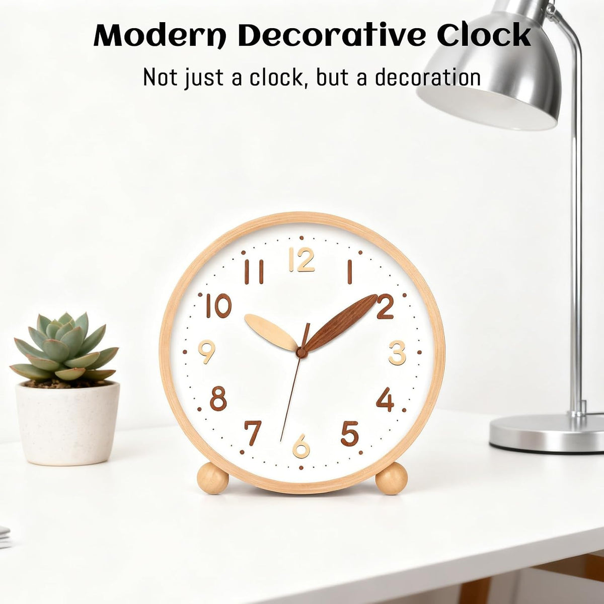 Wooden Table Clock,8in Silent Non-Ticking Desk Clock,Battery Operated Desktop Analog Clock for Living Room Bedroom Kitchen Office Classroom Decor (Walnut)