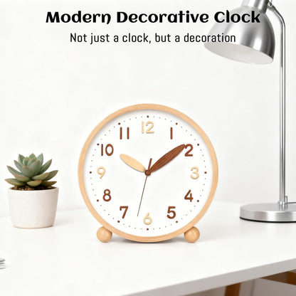 Wooden Table Clock,8in Silent Non-Ticking Desk Clock,Battery Operated Desktop Analog Clock for Living Room Bedroom Kitchen Office Classroom Decor (Walnut)