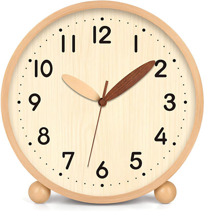 Wooden Table Clock,8in Silent Non-Ticking Desk Clock,Battery Operated Desktop Analog Clock for Living Room Bedroom Kitchen Office Classroom Decor (Walnut)