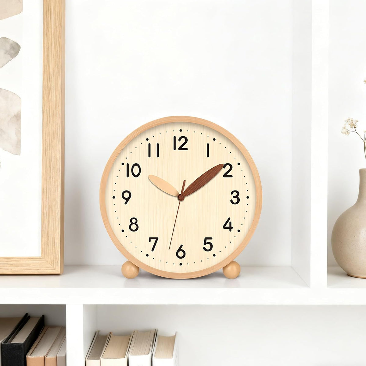 Wooden Table Clock,8in Silent Non-Ticking Desk Clock,Battery Operated Desktop Analog Clock for Living Room Bedroom Kitchen Office Classroom Decor (Walnut)