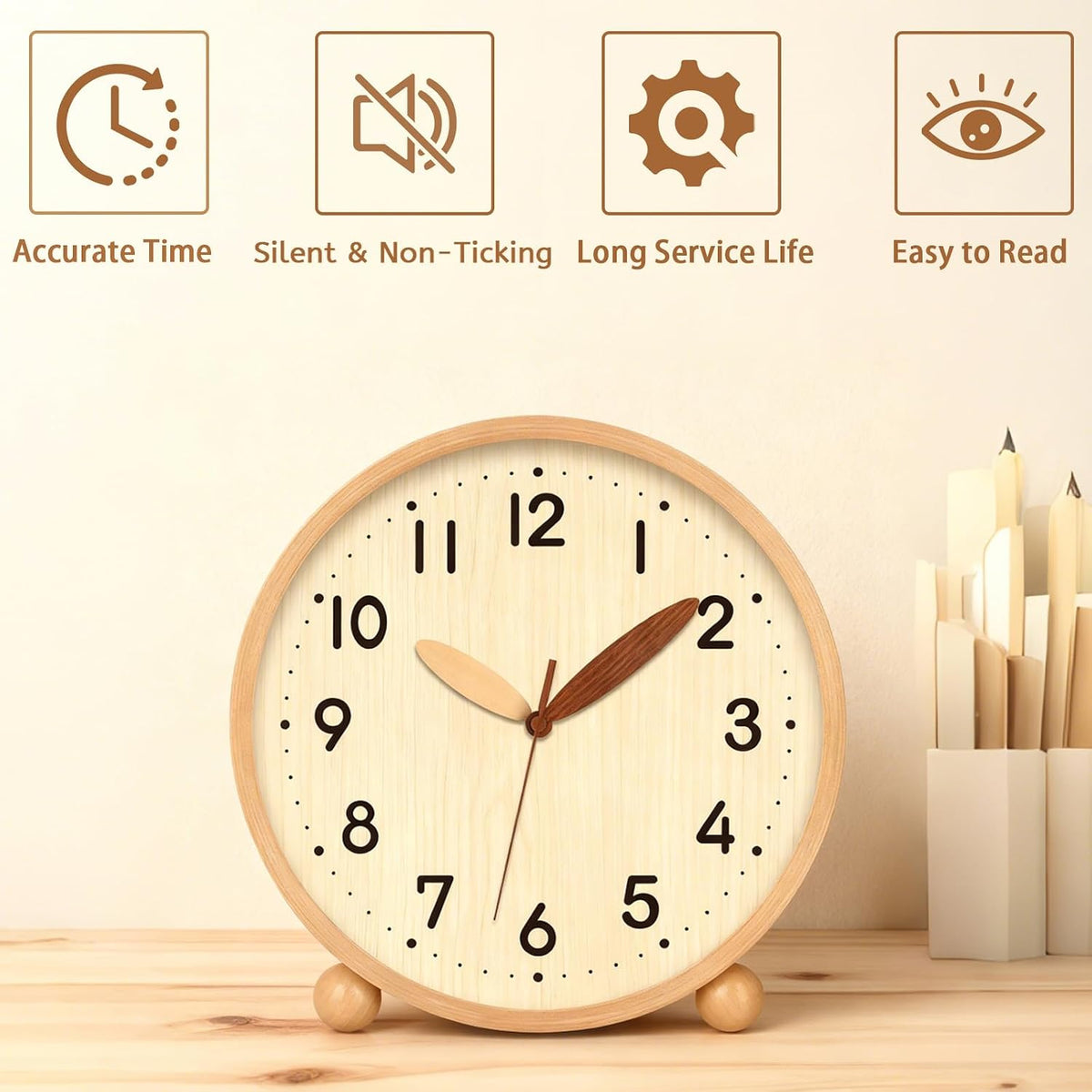 Wooden Table Clock,8in Silent Non-Ticking Desk Clock,Battery Operated Desktop Analog Clock for Living Room Bedroom Kitchen Office Classroom Decor (Walnut)
