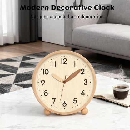 Wooden Table Clock,8in Silent Non-Ticking Desk Clock,Battery Operated Desktop Analog Clock for Living Room Bedroom Kitchen Office Classroom Decor (Walnut)