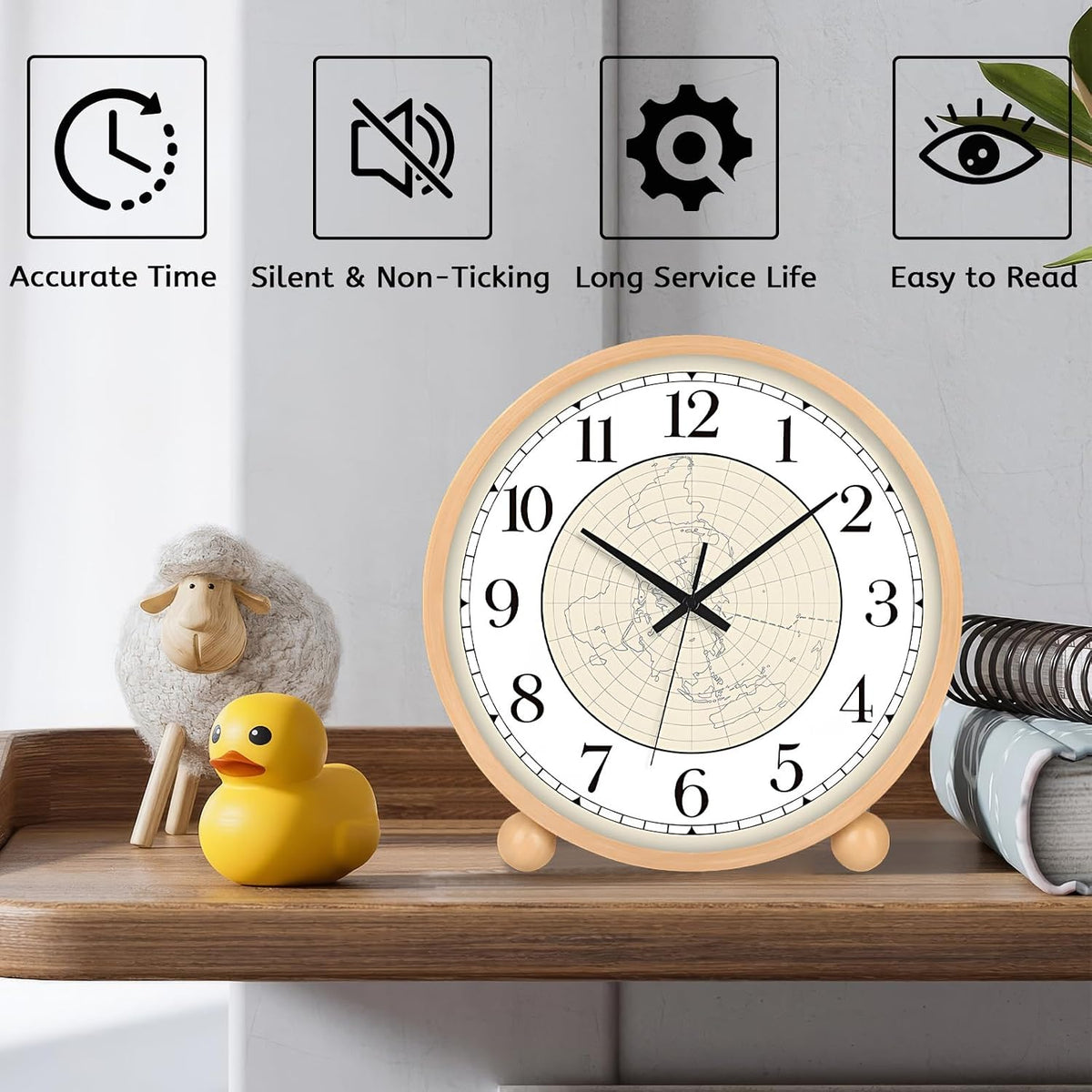 Wooden Table Clock,8in Silent Non-Ticking Desk Clock,Battery Operated Desktop Analog Clock for Living Room Bedroom Kitchen Office Classroom Decor (Walnut)