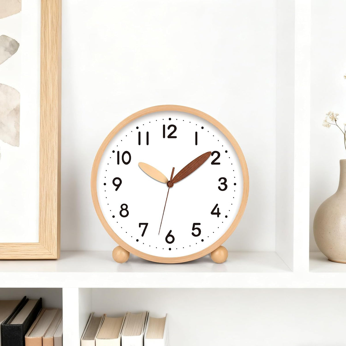 Wooden Table Clock,8in Silent Non-Ticking Desk Clock,Battery Operated Desktop Analog Clock for Living Room Bedroom Kitchen Office Classroom Decor (Walnut)
