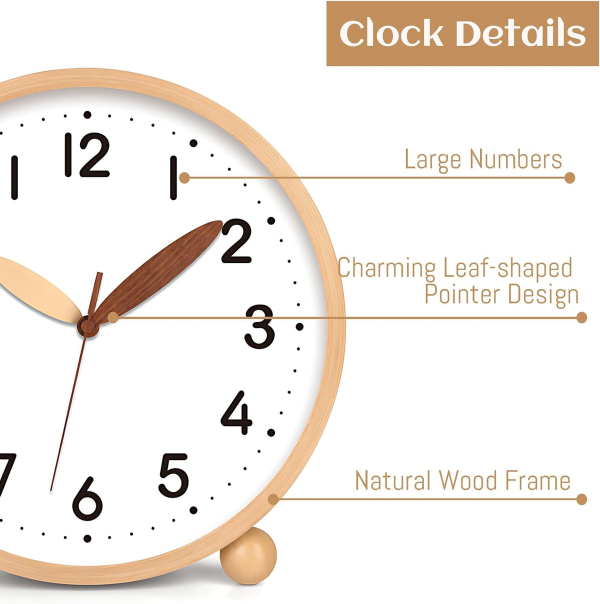 Wooden Table Clock,8in Silent Non-Ticking Desk Clock,Battery Operated Desktop Analog Clock for Living Room Bedroom Kitchen Office Classroom Decor (Walnut)