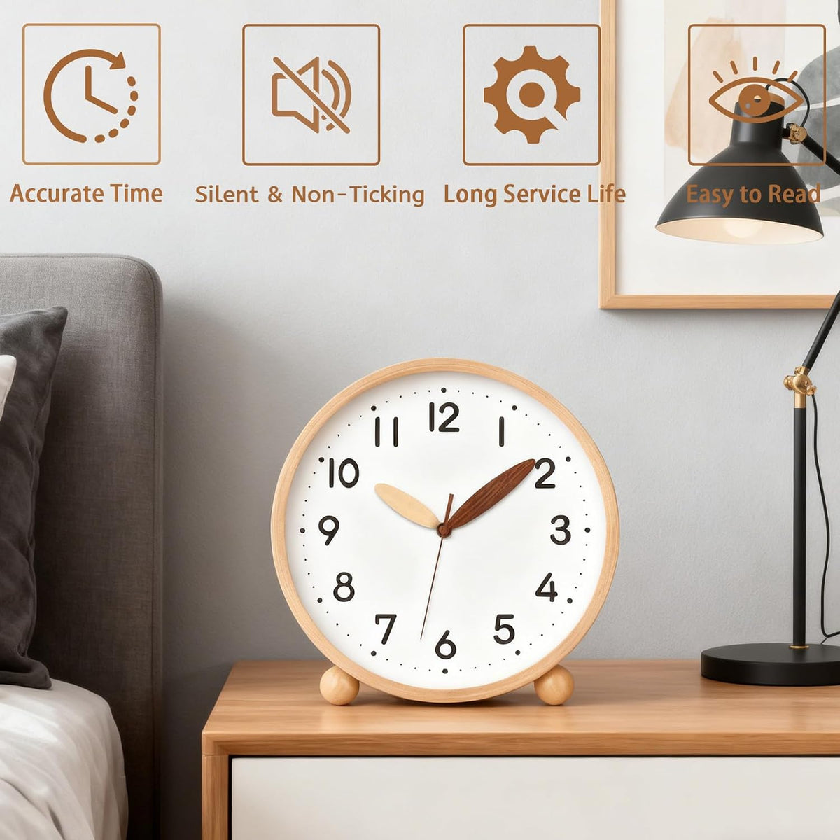 Wooden Table Clock,8in Silent Non-Ticking Desk Clock,Battery Operated Desktop Analog Clock for Living Room Bedroom Kitchen Office Classroom Decor (Walnut)