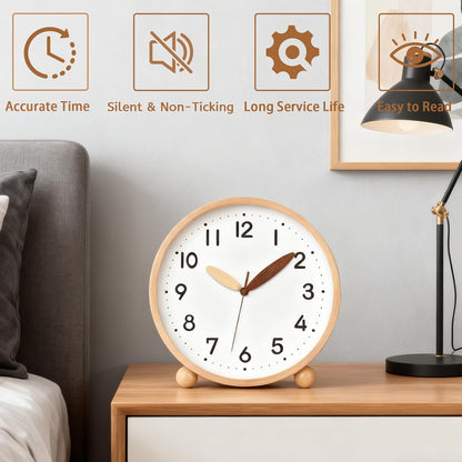Wooden Table Clock,8in Silent Non-Ticking Desk Clock,Battery Operated Desktop Analog Clock for Living Room Bedroom Kitchen Office Classroom Decor (Walnut)