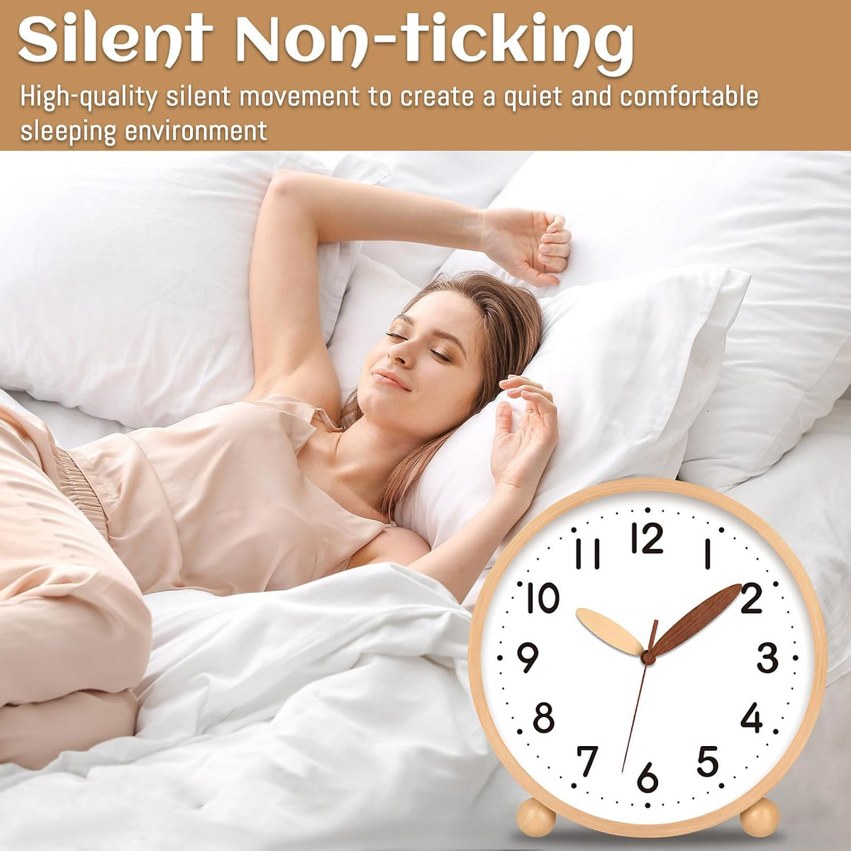 Wooden Table Clock,8in Silent Non-Ticking Desk Clock,Battery Operated Desktop Analog Clock for Living Room Bedroom Kitchen Office Classroom Decor (Walnut)