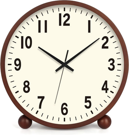 Wooden Table Clock,8in Silent Non-Ticking Desk Clock,Battery Operated Desktop Analog Clock for Living Room Bedroom Kitchen Office Classroom Decor (Walnut)
