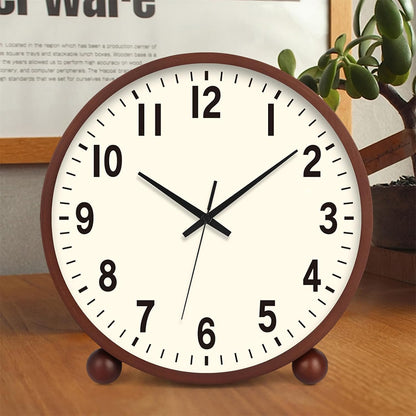 Wooden Table Clock,8in Silent Non-Ticking Desk Clock,Battery Operated Desktop Analog Clock for Living Room Bedroom Kitchen Office Classroom Decor (Walnut)